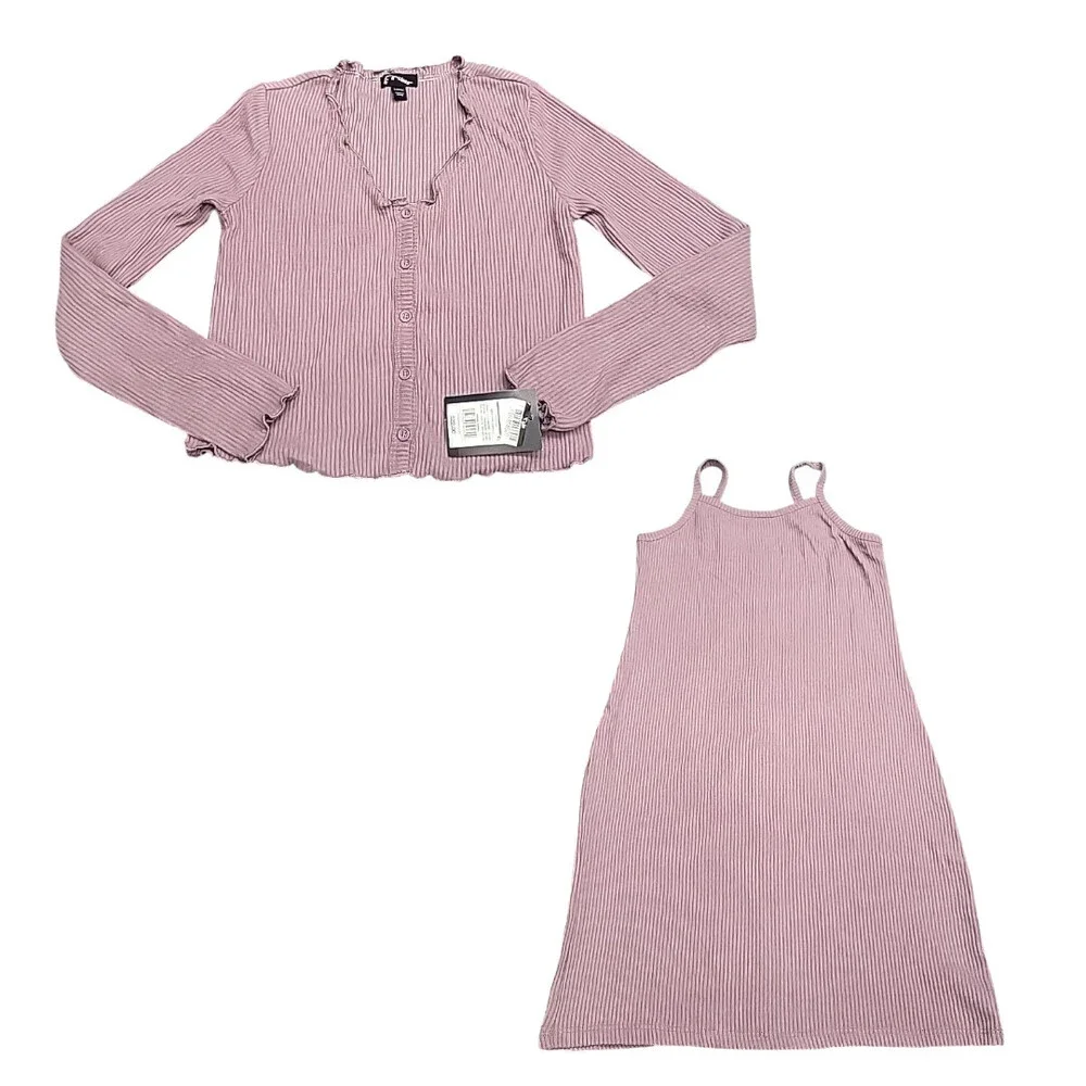 Kids Girls Long Sleeves Button Front Cardigan with Dress Set Large Size Mauve
